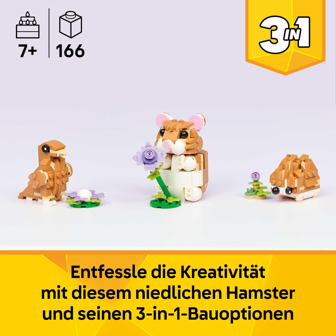 LEGO Creator 3in1 Cute Hamster with a Flower Toy - Animal Figure Transforms into a Hedgehog or Eagle - DIY Room Decor Idea - Birthday Gift for 7+ Year Old Girls &amp; Boys - 31376
